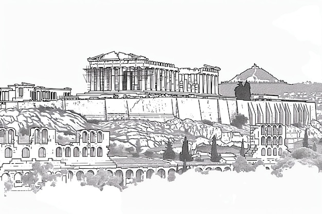 Athens landscape sketch black and white