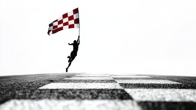 Photo athlete celebrates victory by waving a checkered flag on the finish line during a race at dusk