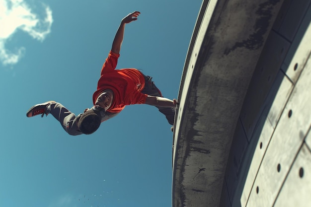 Athlete executing a parkour roll with precision an