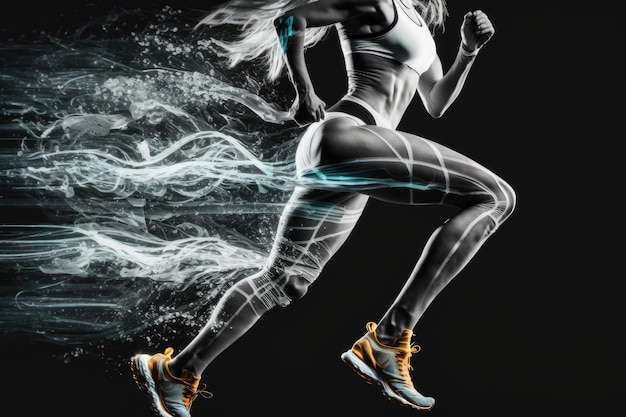 Athlete and fit woman in sporty outfit running in studio AI generative