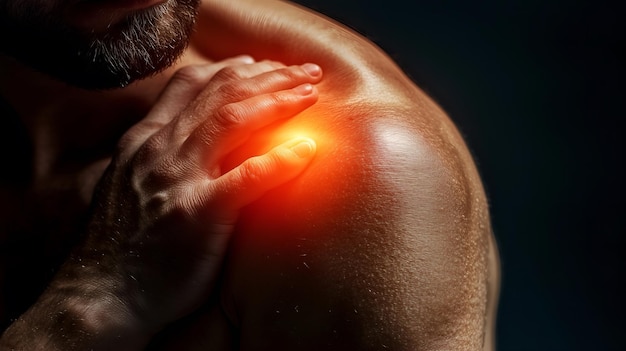 Photo an athlete holding his shoulder because he suffers from pain