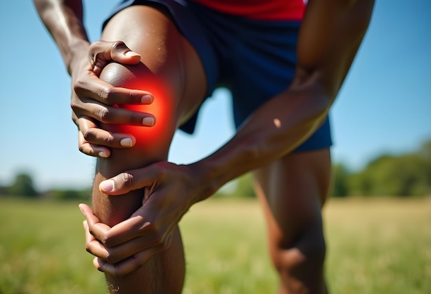 Photo athlete holding knee in pain due to muscle injury