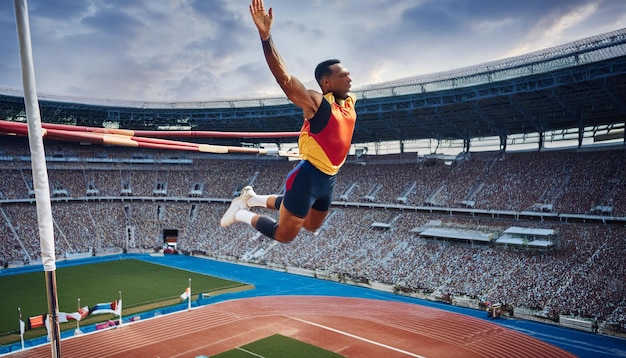 An athlete midair during a high jump attempt