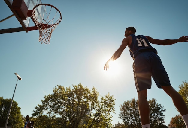 An athlete in midjump aiming for a basketball hoop during a game captured against the sunlight