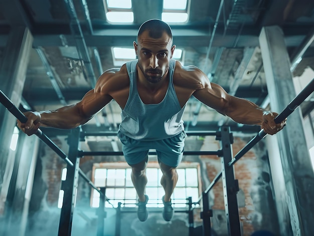 Photo athlete performing bodyweight exercises on parallel bars in an industrial gym during daytime