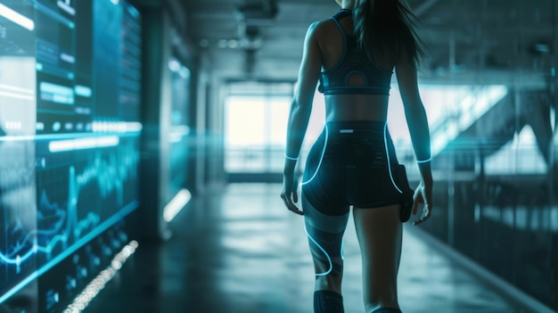 Athlete performing a dynamic lunge with virtual anatomy hologram in a hightech gym