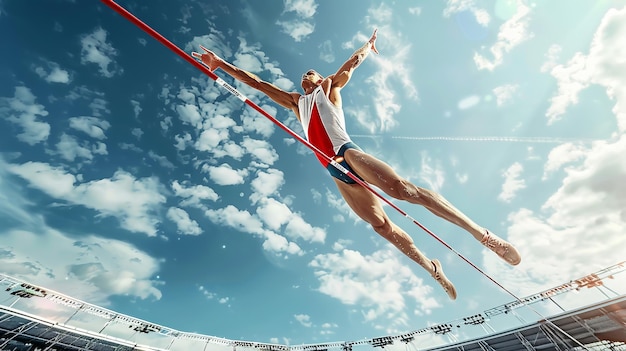 Athlete pole vaulting at a stadium under a bright sky captured midjump