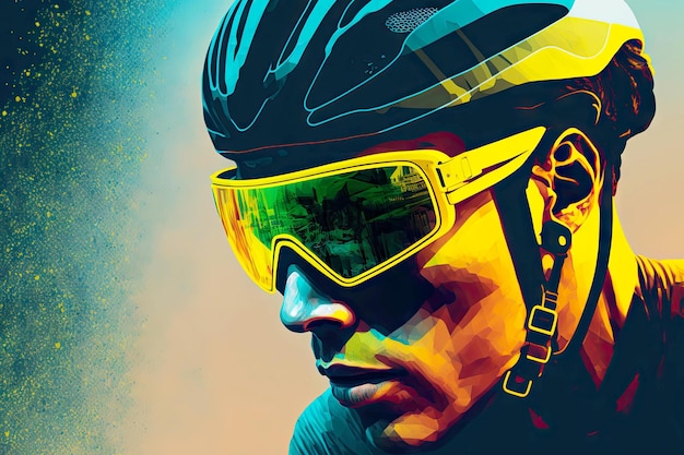 Athlete in protective helmet and bicycling glasses on flat road generative ai