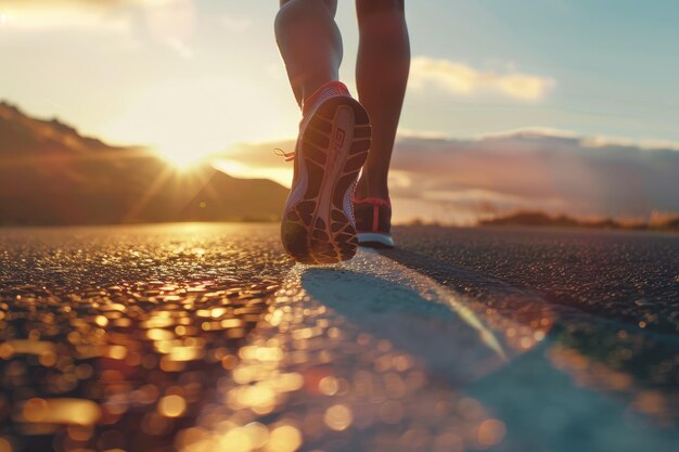 Athlete Runner Feet Running on Road Towards Morning Sunlight