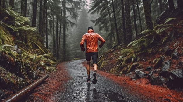 Athlete running in the rain on a wooded route GENERATE AI