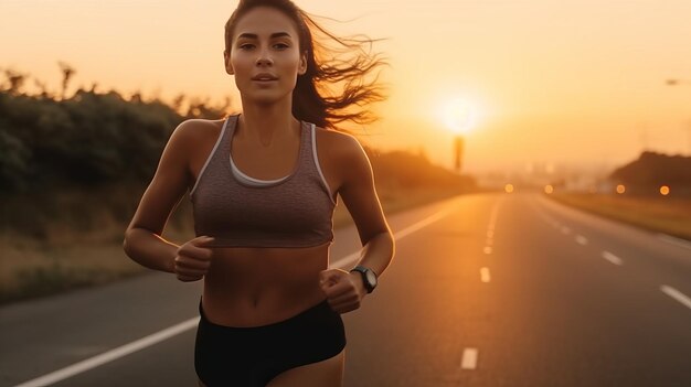 Athlete running on the road in morning sunrise training for marathon and fitness