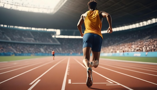 An athlete running in stadium from back shot