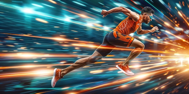 Athlete Running Through Digital Light Streaks