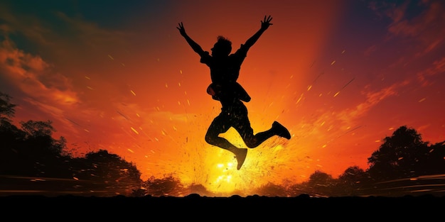 Athlete silhouette jumping happily at sunset with sun in the background