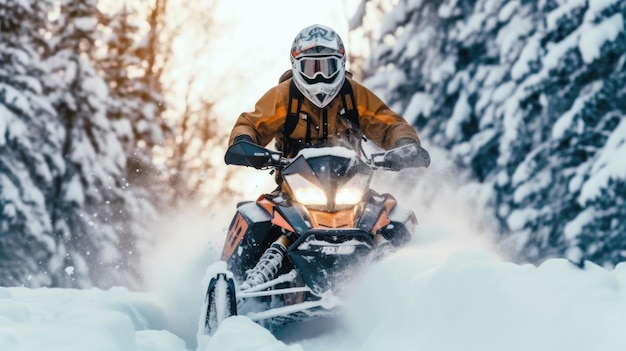 Athlete on a snowmobile moving in the winter forest in the mountains