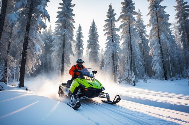 Photo athlete on a snowmobile moving in the winter forest