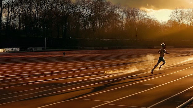 Athlete sprinting on a track during a sunset