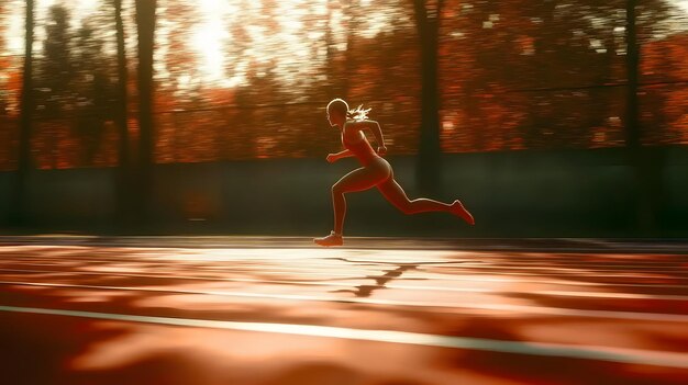 Athlete sprinting on a track during a sunset