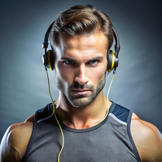 Photo athlete using sports headphones while preparing for an intense workout session generative ai