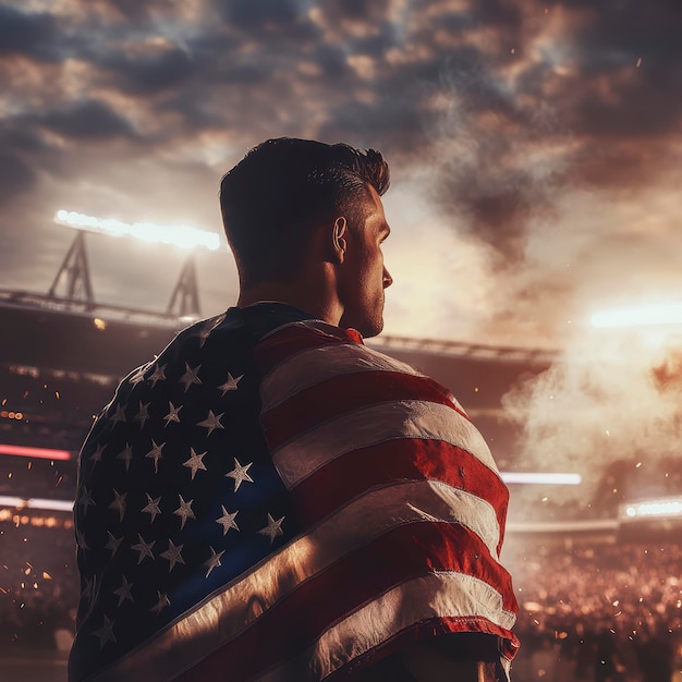 Photo an athlete with an american flag on his shoulders stands at the stadium during a sporting event