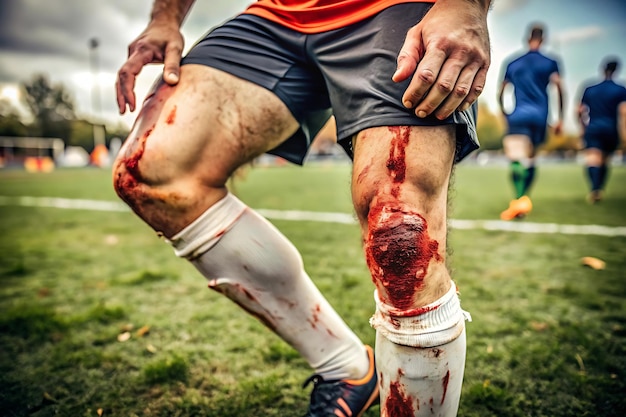 Photo athletes knees bloodied during an intense soccer game dirt visible