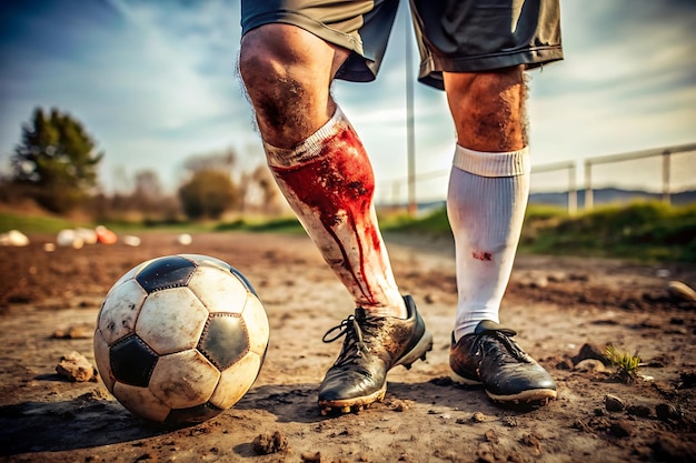 Athletes knees bloodied during an intense soccer game dirt visible