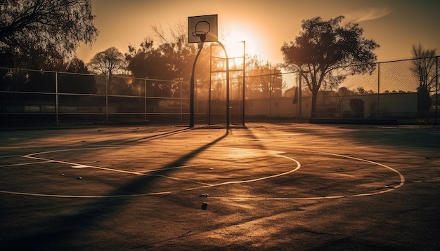 Athletes play competitive sport at illuminated basketball hoop generated by AI