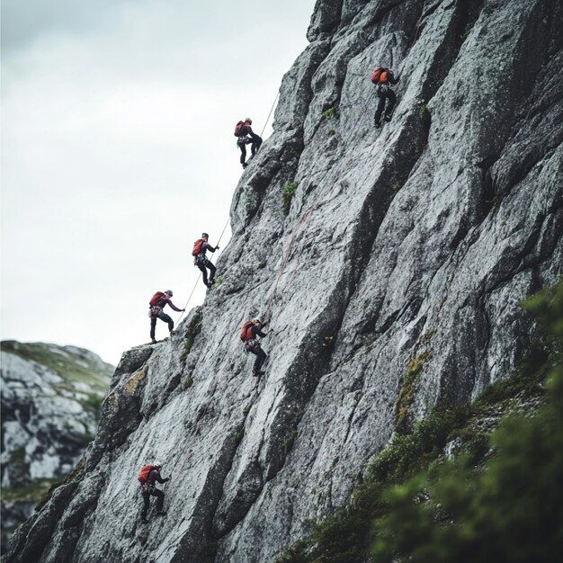 Athletes scaling a steep rock face as part of a climbing challenge in an adventure race