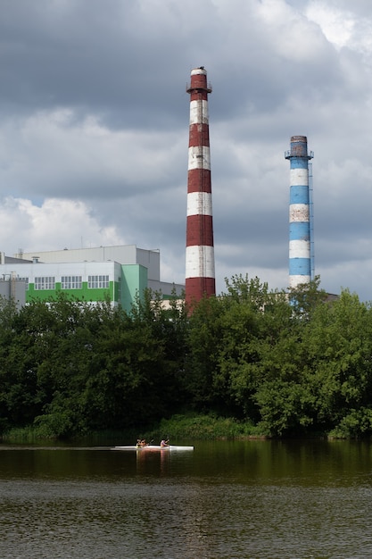 Athletes train in kayaking on the river