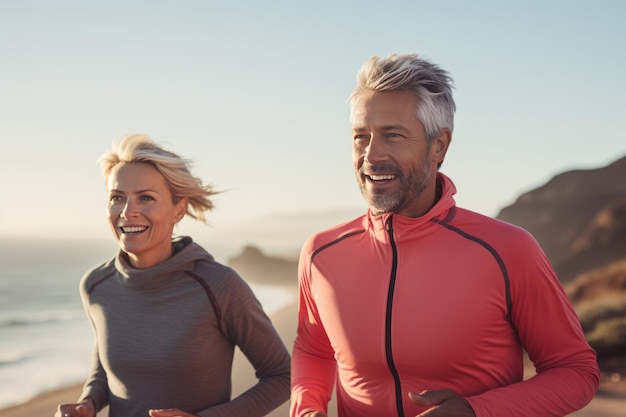 Athletic adult couple jogging along the picturesque seashore Mature slender Caucasian man and woman in sportswear having fun and smiling while running Active lifestyle in country environment