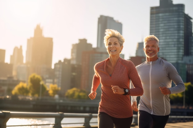 Athletic adult couple jogging along the street of modern city mature slender caucasian man and woman