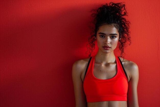 Athletic Beautiful woman model in activewear against a high energy red background lifestyle portrait highlighting fitness apparel