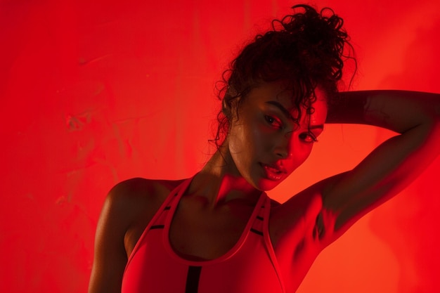 Athletic Beautiful woman model in activewear against a high energy red background lifestyle portrait highlighting fitness apparel