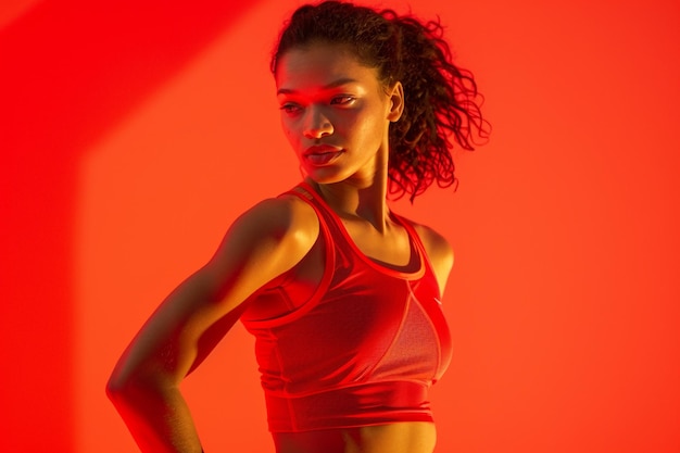 Athletic Beautiful woman model in activewear against a high energy red background lifestyle portrait highlighting fitness apparel