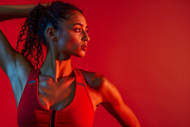 Athletic Beautiful woman model in activewear against a high energy red background lifestyle portrait highlighting fitness apparel