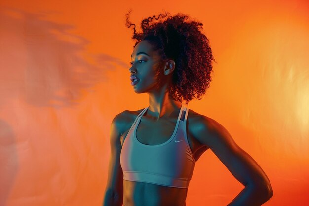 Athletic Beautiful woman model in sportswear against an energetic orange background lifestyle portrait showcasing fitness apparel