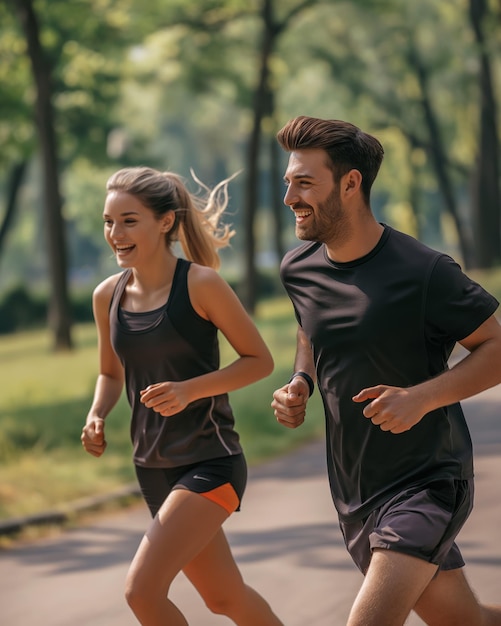 Photo athletic couple running in the park young happy couple jogging fitness in the park