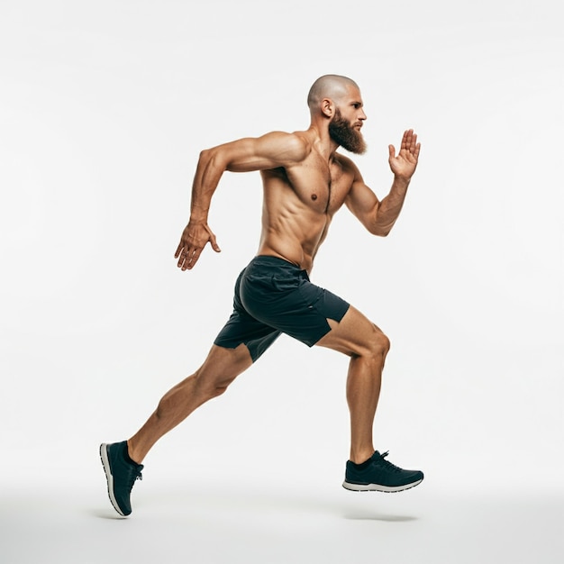 Athletic male running side view full length on white background