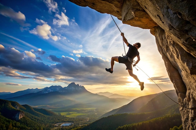 Photo athletic man climbs an overhanging rock with rope lead climbing silhouette of a rock climber on a mountain background outdoor sports and recreation