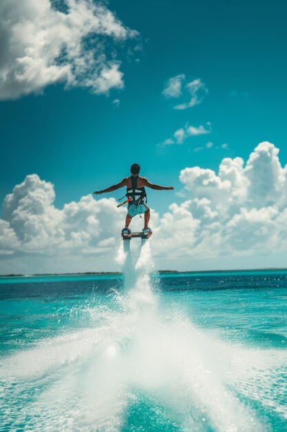 An athletic man having fun flyboarding on an exotic beach on a summer day