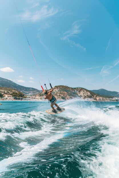 Athletic man kitesurfing on an exotic beach on a summer day