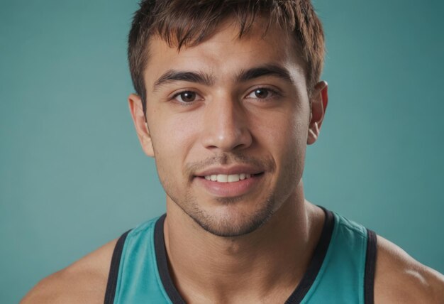 An athletic man in a teal tank top poses with a focused expression he is against a blue backdrop