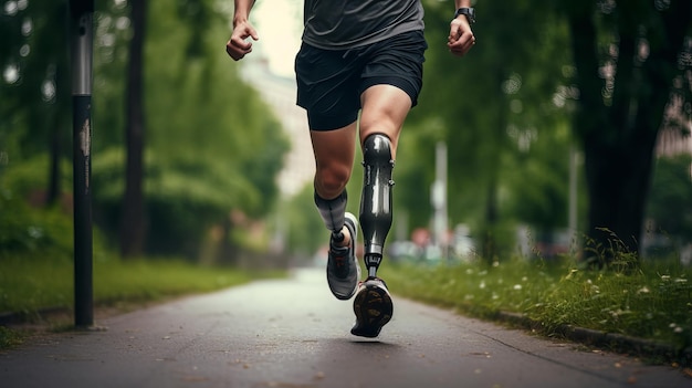 Athletic Man with Prosthetic Leg Runs Outdoors Exercise and Sports Concept