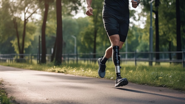 Athletic Man with Prosthetic Leg Runs Outdoors Exercise and Sports Concept