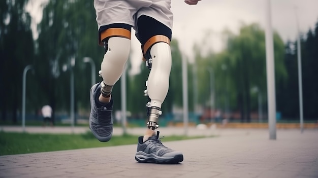 Photo athletic man with prosthetic leg runs outdoors exercise and sports concept