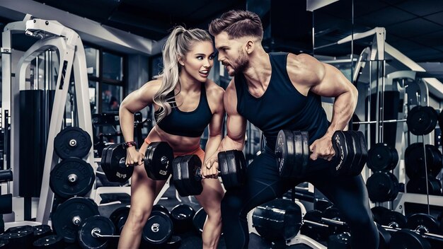 Athletic man and woman with a dumbbells training and practicing in gym