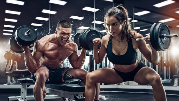 Athletic man and woman with a dumbbells training and practicing in gym