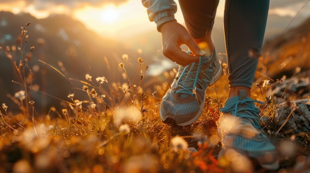 Photo athletic shoe closeup of running feet in trail sneakers people walking on the mountain hiking in the mountains on a hot summer day hiking or trail running