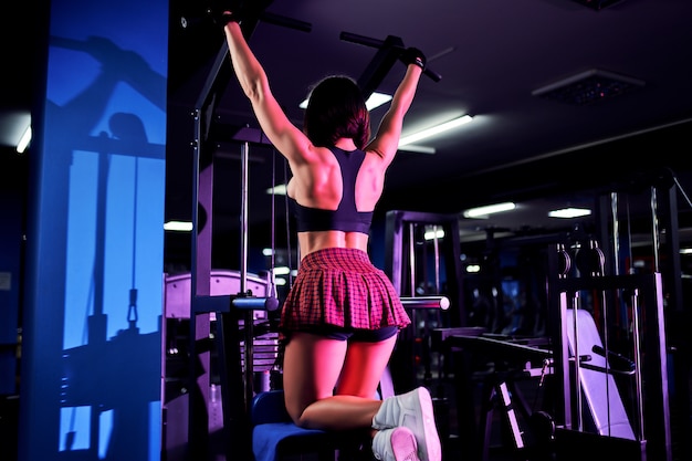 Athletic woman doing exercise for back, using machine, in gym - back view