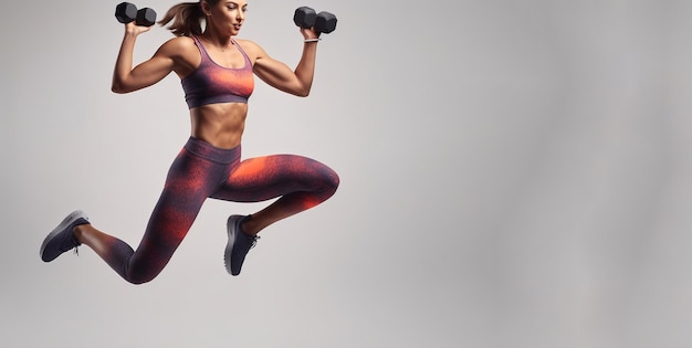 Athletic woman jumping with dumbbells AI Generated